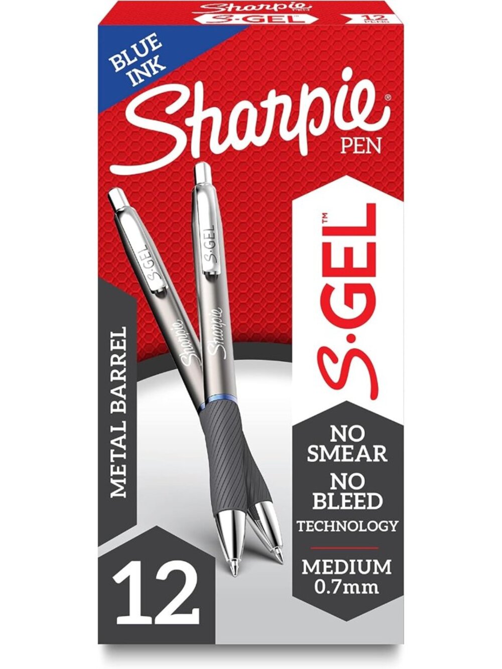 Sleek Metal Barrel Gel Pens, Medium Point 0.7mm, Blue Ink, 12 Count Set